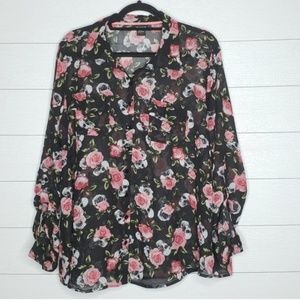Pink rose skull button up